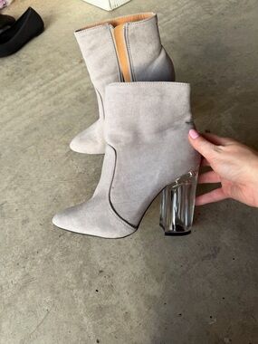 Women's Grey Suede Ankle Boots with Clear Block Heel